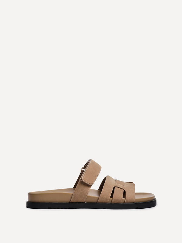 Linzi Taupe Nubuck Leather Slip On Sandal With Woven Front Strap
