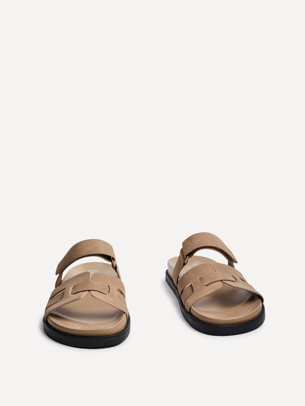 Linzi Taupe Nubuck Leather Slip On Sandal With Woven Front Strap