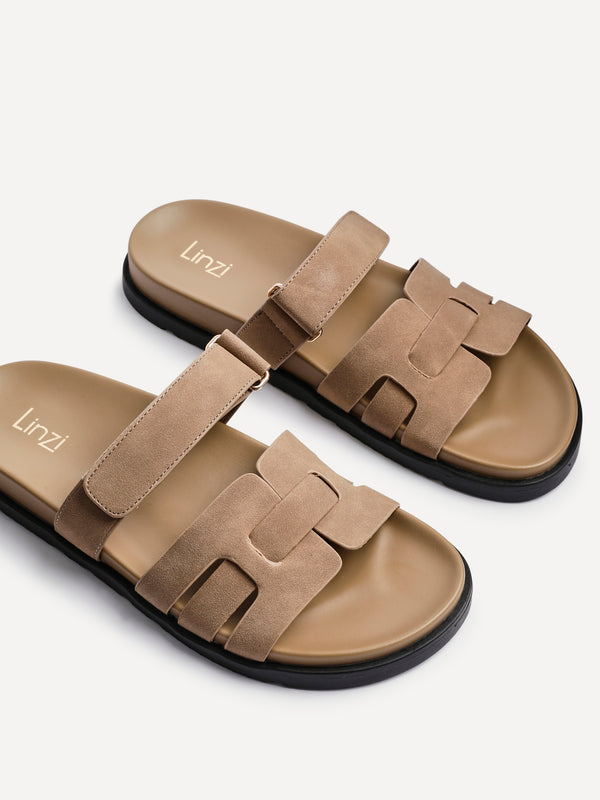 Linzi Taupe Nubuck Leather Slip On Sandal With Woven Front Strap