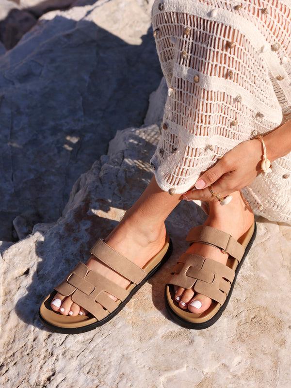 linzi Taupe Nubuck Leather Slip on Sandal With Woven Front Strap
