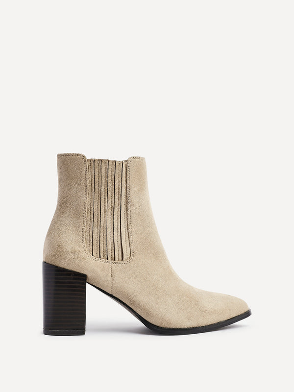 Linzi Taupe Suede Pointed Toe Stacked Blook Heeled Boot