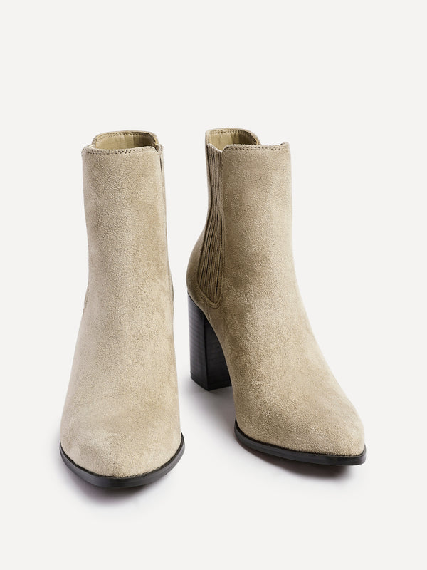 Linzi Taupe Suede Pointed Toe Stacked Blook Heeled Boot