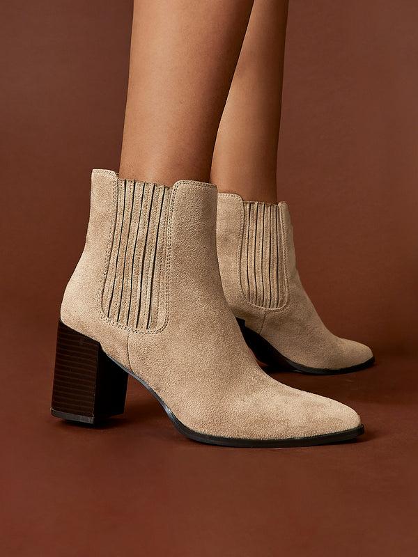 linzi Taupe Suede Pointed Toe Stacked Blook Heeled Boot
