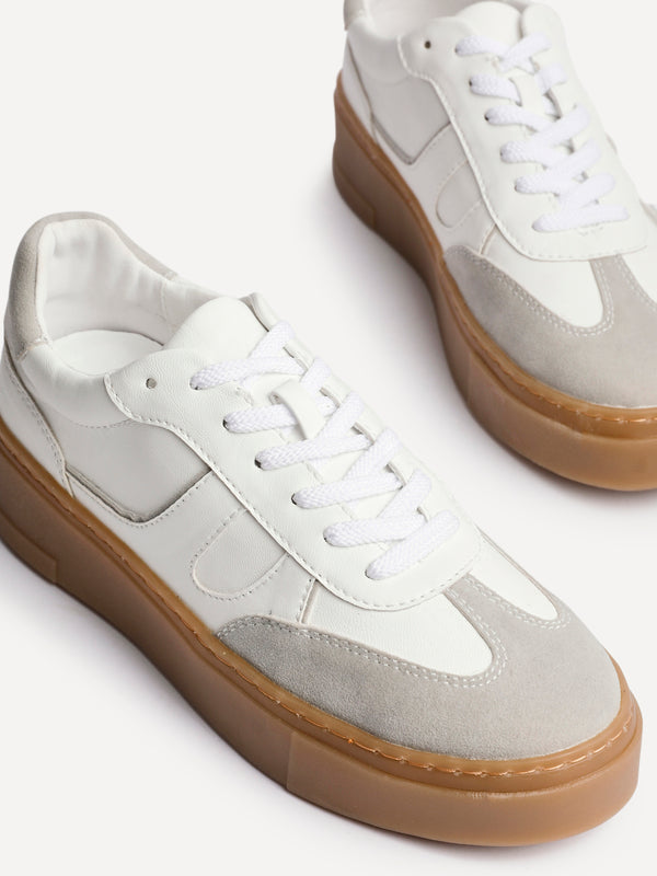 Linzi White And Grey Faux Leather Lace Up Flatform Trainers