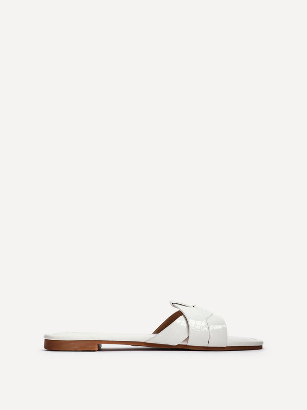 Linzi White Croc Faux Leather Slider With Woven Front Strap