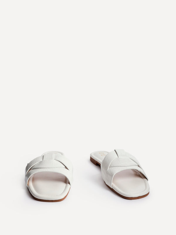 Linzi White Croc Faux Leather Slider With Woven Front Strap