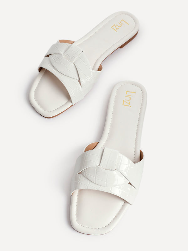 Linzi White Croc Faux Leather Slider With Woven Front Strap