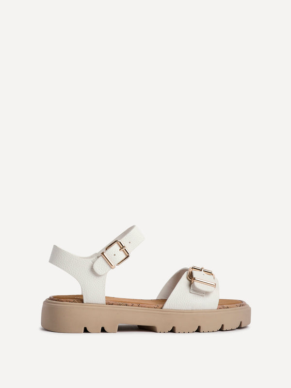 Linzi White Faux Grain Leather Chunky Sandal With Buckle Detail