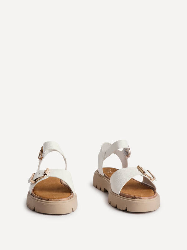 Linzi White Faux Grain Leather Chunky Sandal With Buckle Detail
