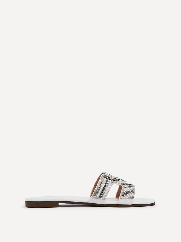 Linzi White Faux Leather Aztec Design Embellished Slider Sandal