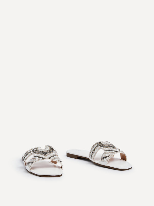 Linzi White Faux Leather Aztec Design Embellished Slider Sandal