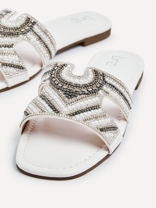 Linzi White Faux Leather Aztec Design Embellished Slider Sandal