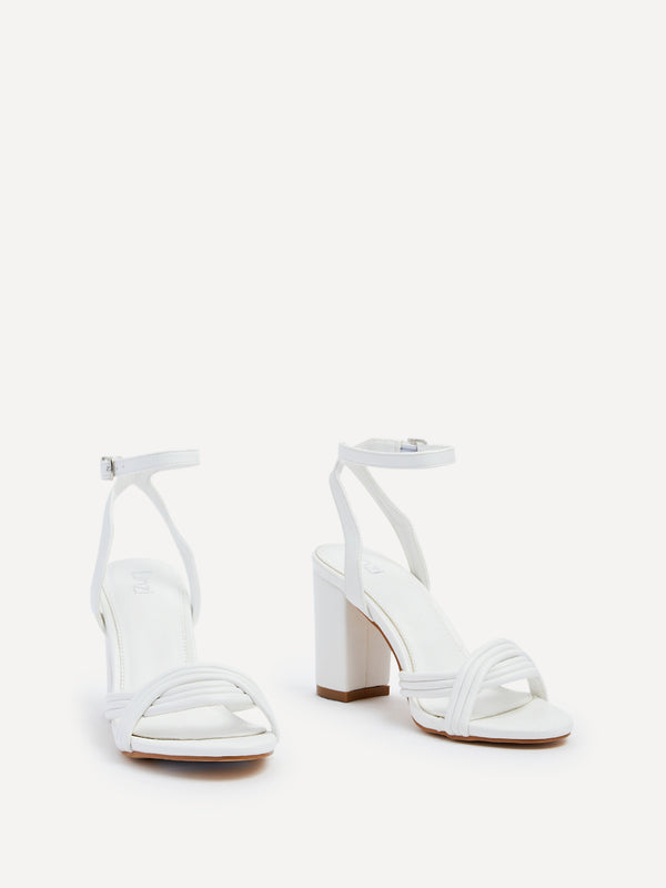 Linzi White Faux Leather Block Heeled Sandal With Intertwined Front Straps