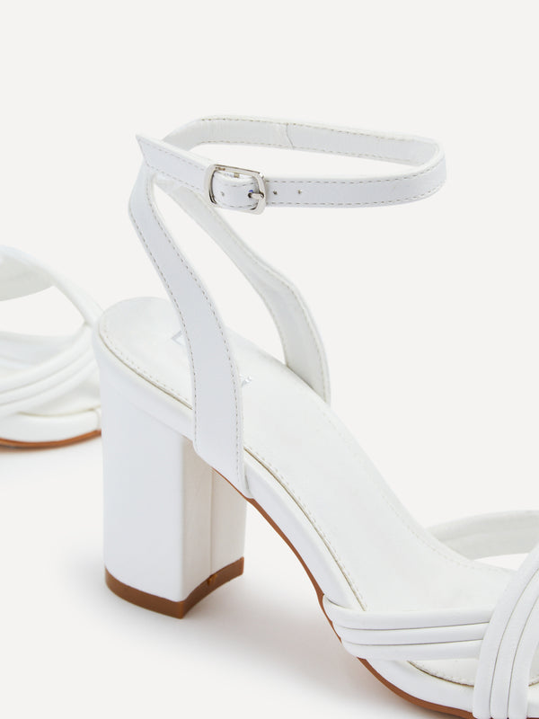 Linzi White Faux Leather Block Heeled Sandal With Intertwined Front Straps