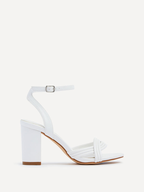 linzi White Faux Leather Block Heeled Sandal With Intertwined Front Straps