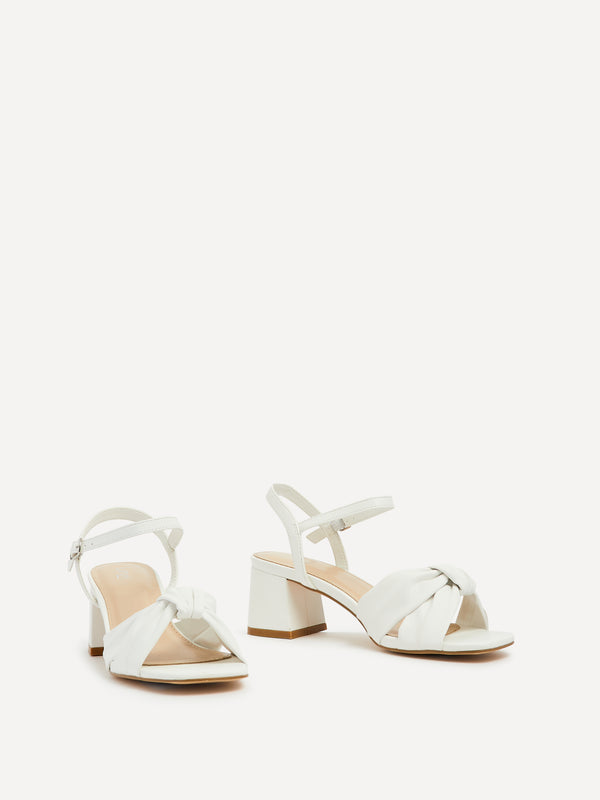 Linzi White Faux Leather Block Heeled Sandal With Knotted Front Strap