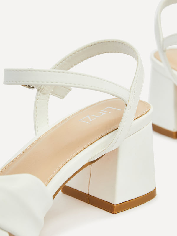 Linzi White Faux Leather Block Heeled Sandal With Knotted Front Strap