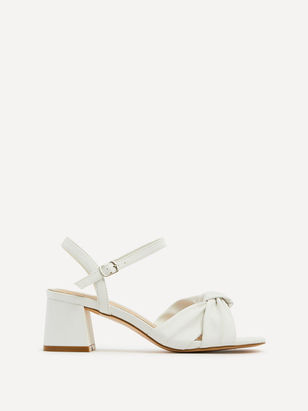 linzi White Faux Leather Block Heeled Sandal With Knotted Front Strap
