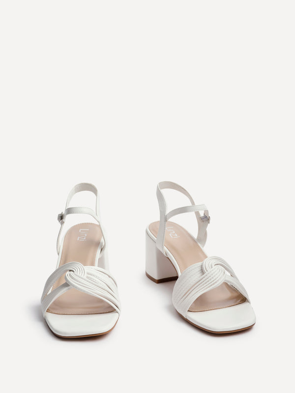 Linzi White Faux Leather Block Heeled Sandal With Looped Front Detail
