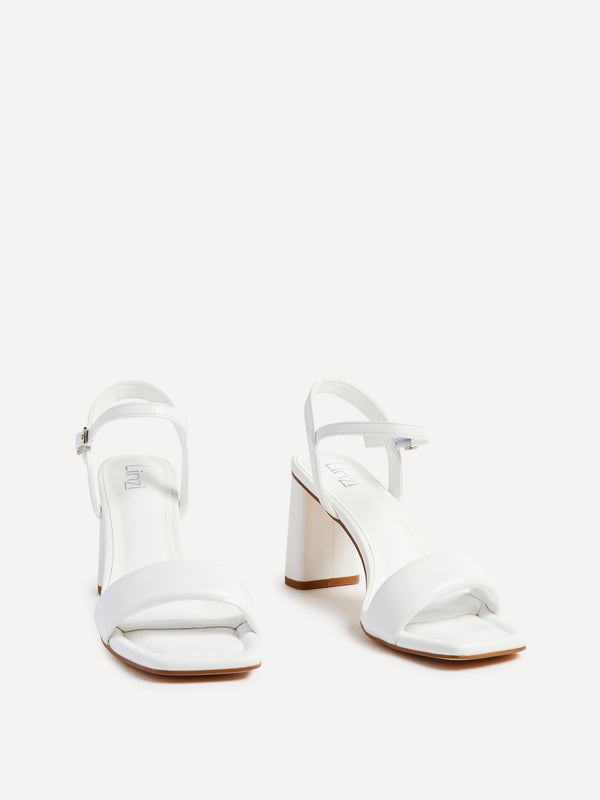 Linzi White Faux Leather Block Heeled Sandal With Padded Front Strap
