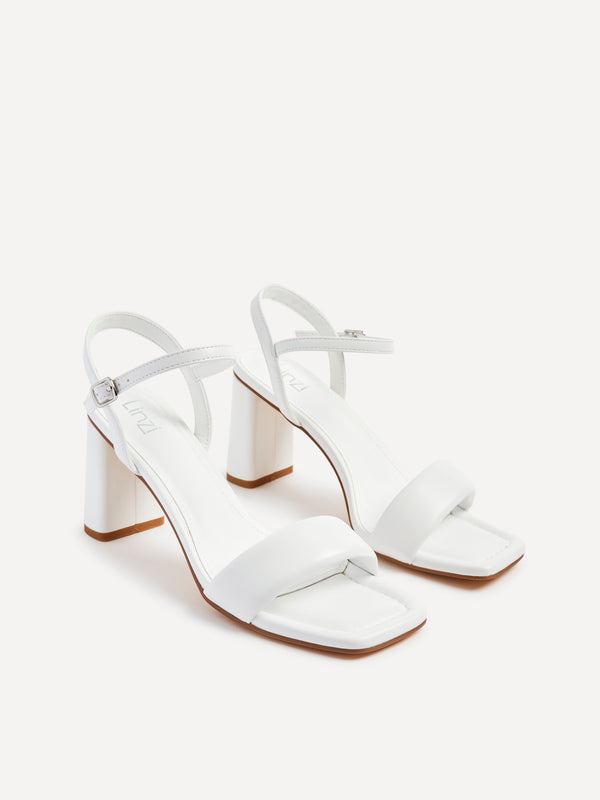 Linzi White Faux Leather Block Heeled Sandal With Padded Front Strap