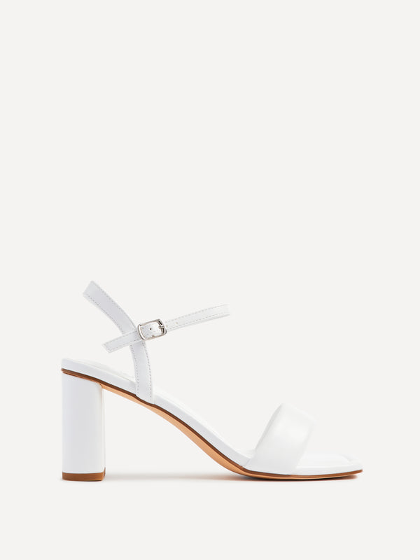 linzi White Faux Leather Block Heeled Sandal With Padded Front Strap