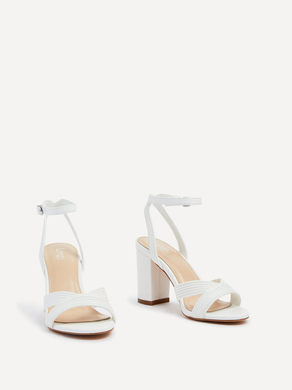 Linzi White Faux Leather Block Heeled Sandal With Ribbed Design Front Strap