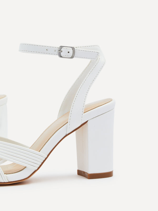Linzi White Faux Leather Block Heeled Sandal With Ribbed Design Front Strap