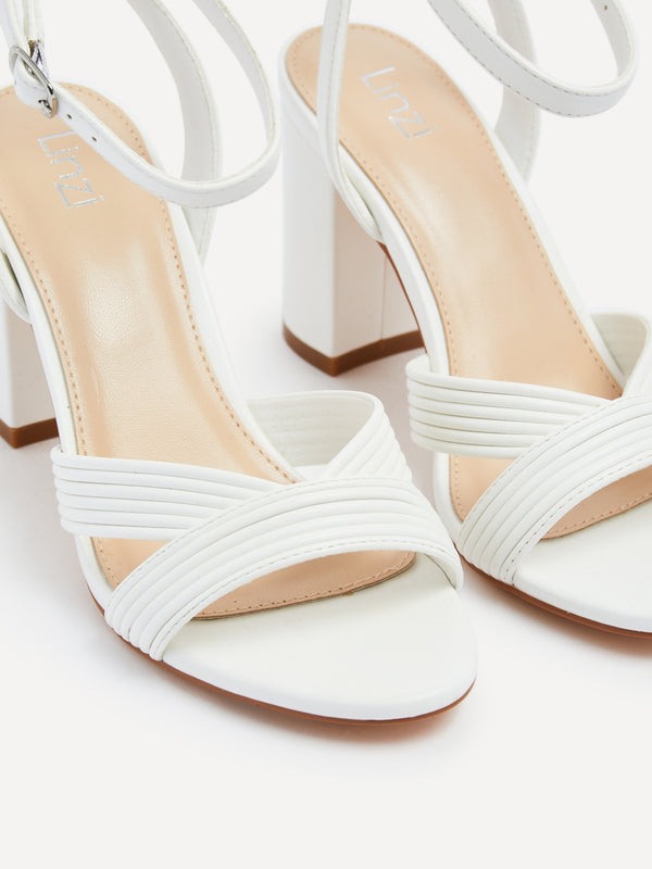 Linzi White Faux Leather Block Heeled Sandal With Ribbed Design Front Strap