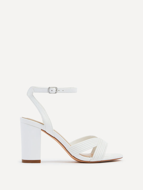 linzi White Faux Leather Block Heeled Sandal With Ribbed Design Front Strap