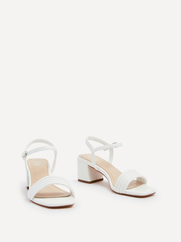 Linzi White Faux Leather Block Heeled Sandal With Ribbed Front Strap
