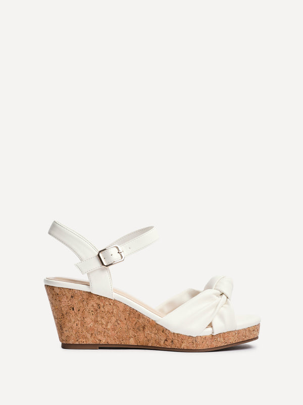 Linzi White Faux Leather Cork Wedge With Knotted Front Strap
