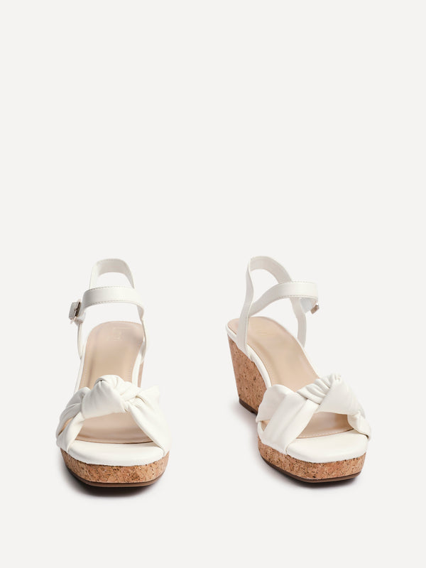 Linzi White Faux Leather Cork Wedge With Knotted Front Strap