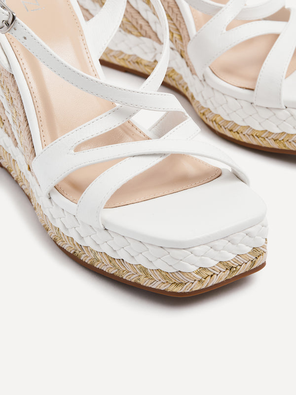 Linzi White Faux Leather Crossover Metallic Rope Wedge