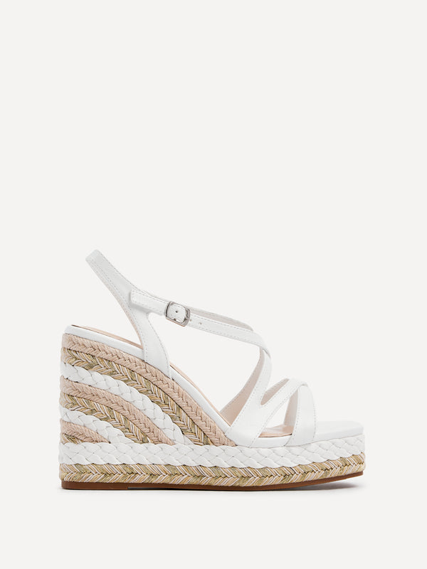 Linzi White Faux Leather Crossover Metallic Rope Wedge