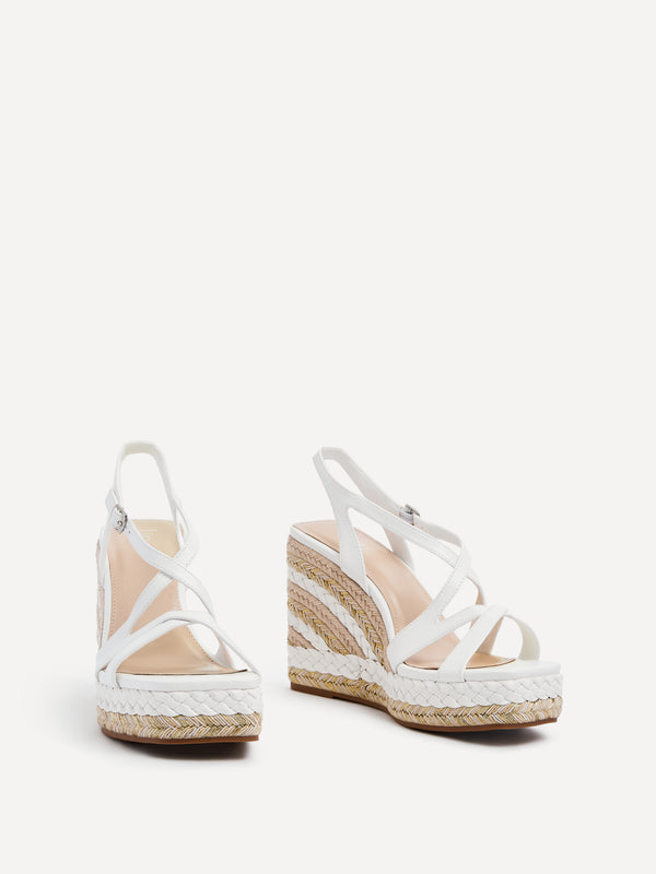 Linzi White Faux Leather Crossover Metallic Rope Wedge