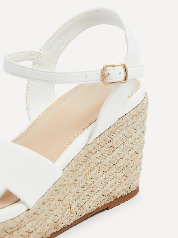 Linzi White Faux Leather Crossover Rope Detail Wedge