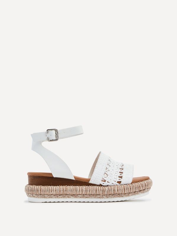Linzi White Faux Leather Cut Out Woven Espadrille Inspired Platform Wedge