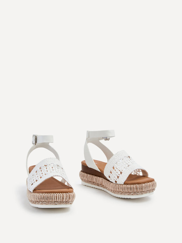 Linzi White Faux Leather Cut Out Woven Espadrille Inspired Platform Wedge
