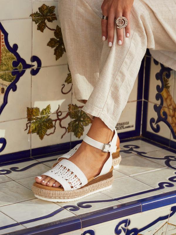 linzi White Faux Leather Cut Out Woven Espadrille Inspired Platform Wedge