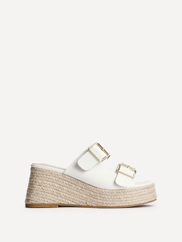 Linzi White Faux Leather Double Buckle Espadrille Wedge Mule