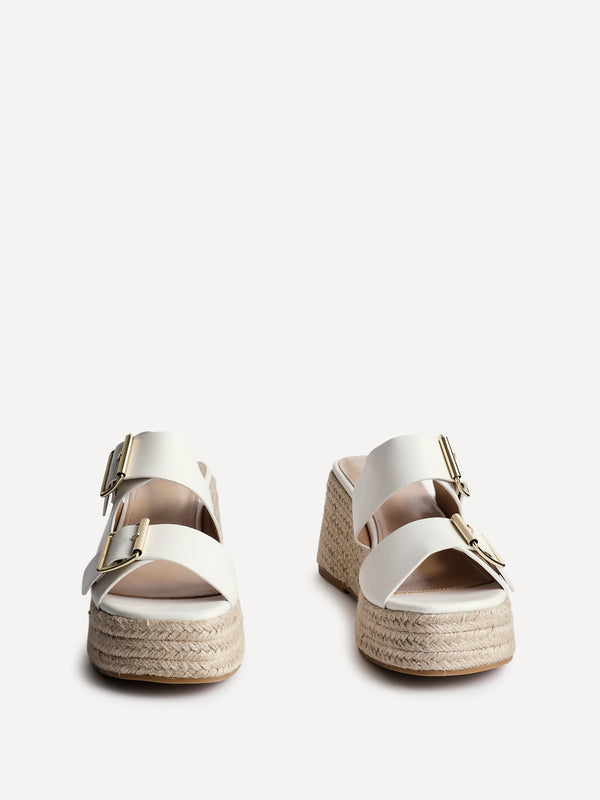 Linzi White Faux Leather Double Buckle Espadrille Wedge Mule