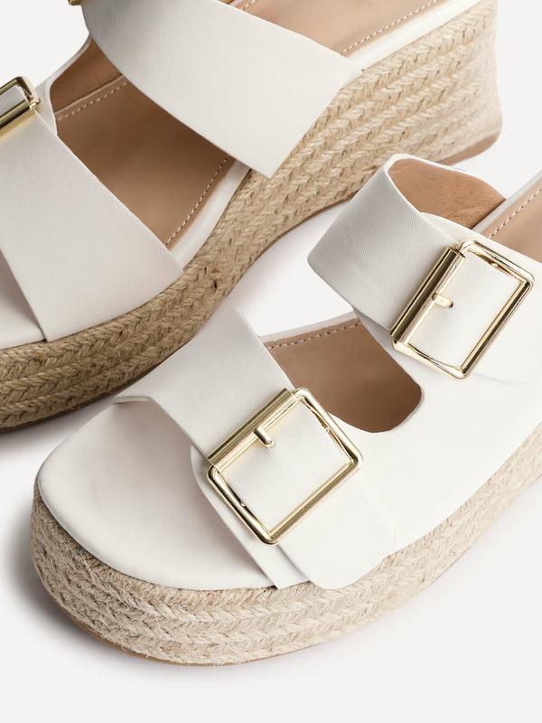 Linzi White Faux Leather Double Buckle Espadrille Wedge Mule