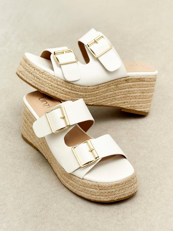 linzi White Faux Leather Double Buckle Espadrille Wedge Mule