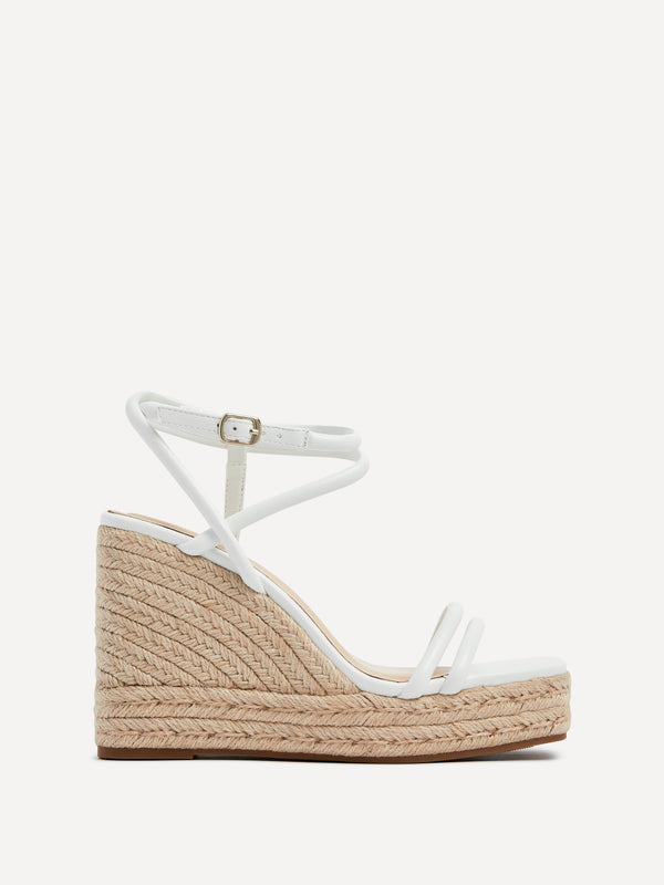 Linzi White Faux Leather Double Strap Rope Detail Wedge