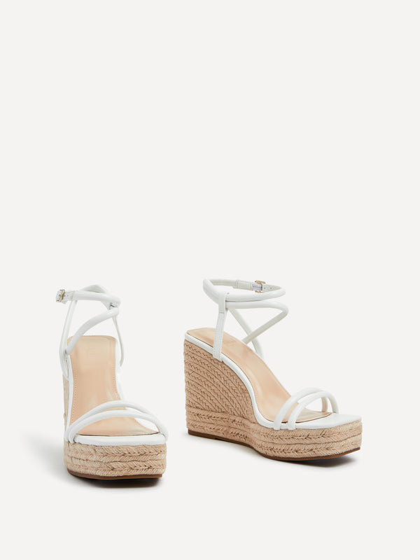 Linzi White Faux Leather Double Strap Rope Detail Wedge