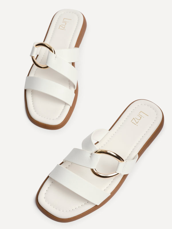 Linzi White Faux Leather Double Strap Sandal With Buckle Detail
