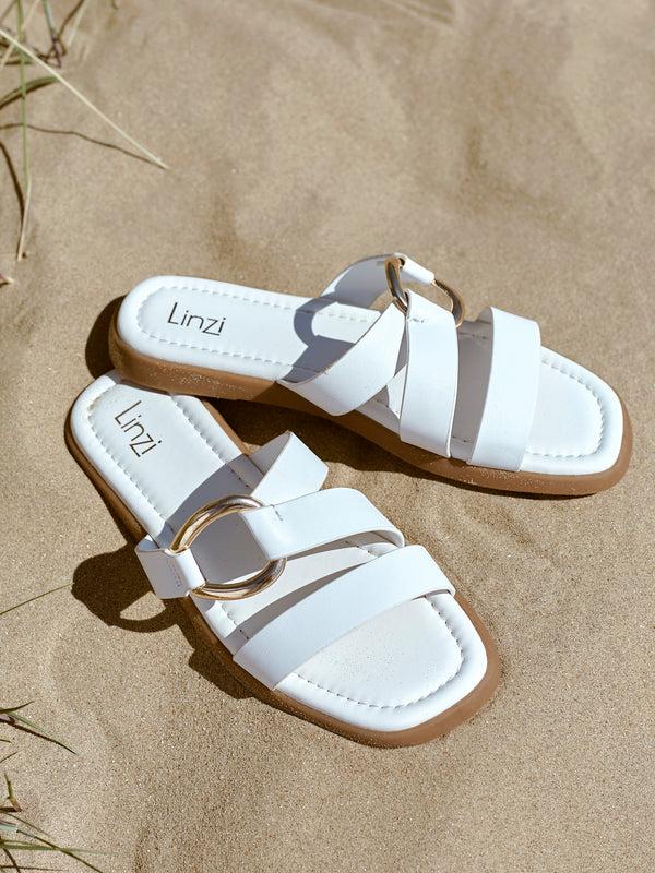 linzi White Faux Leather Double Strap Sandal With Buckle Detail
