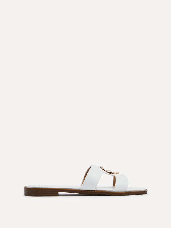 Linzi White Faux Leather Flat Sandal With Gold Embellished Detail