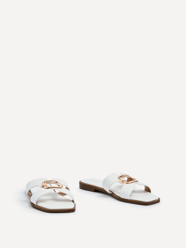 Linzi White Faux Leather Flat Sandal With Gold Embellished Detail